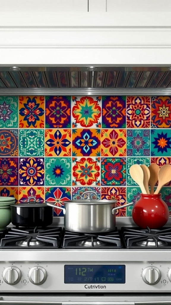 Colorful tiled backsplash above a stove in a kitchen