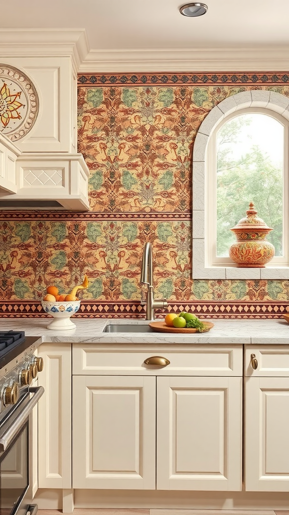 Kitchen with Indian artwork backsplash and modern cabinets