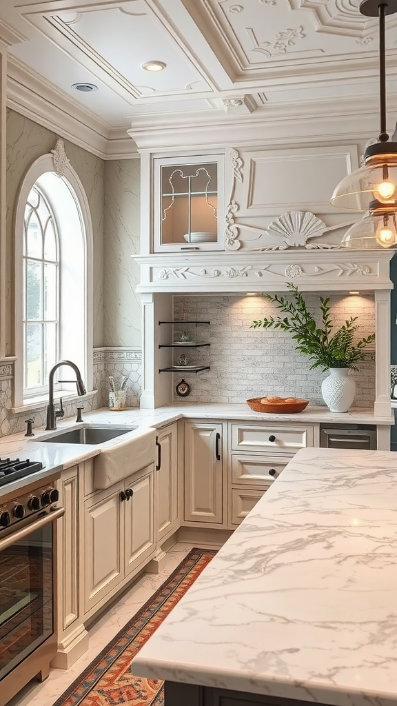 A stylish kitchen featuring marble countertops, stone accents, and elegant cabinetry.