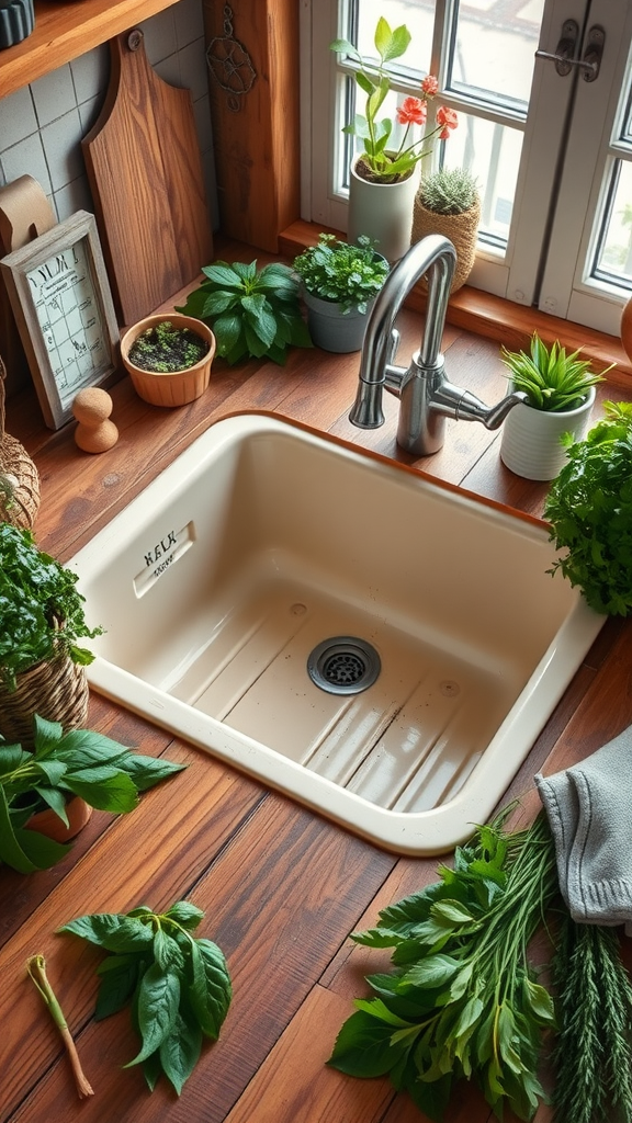 A farmhouse sink surrounded by plants and kitchen utensils.