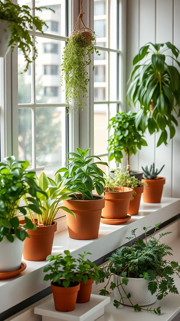 A sunny kitchen windowsill filled with various potted plants