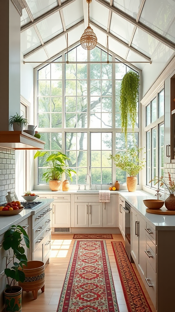 A bright kitchen with large windows and modern cabinets