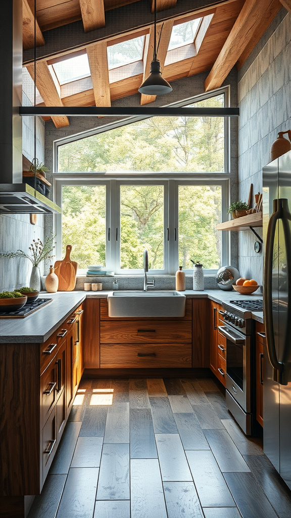 A modern kitchen with wooden cabinets, stone countertops, and glass windows.