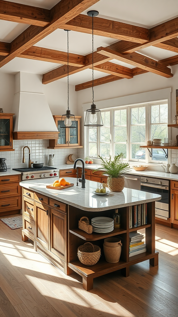 A cozy kitchen featuring a central island with granite countertop and wooden cabinets.