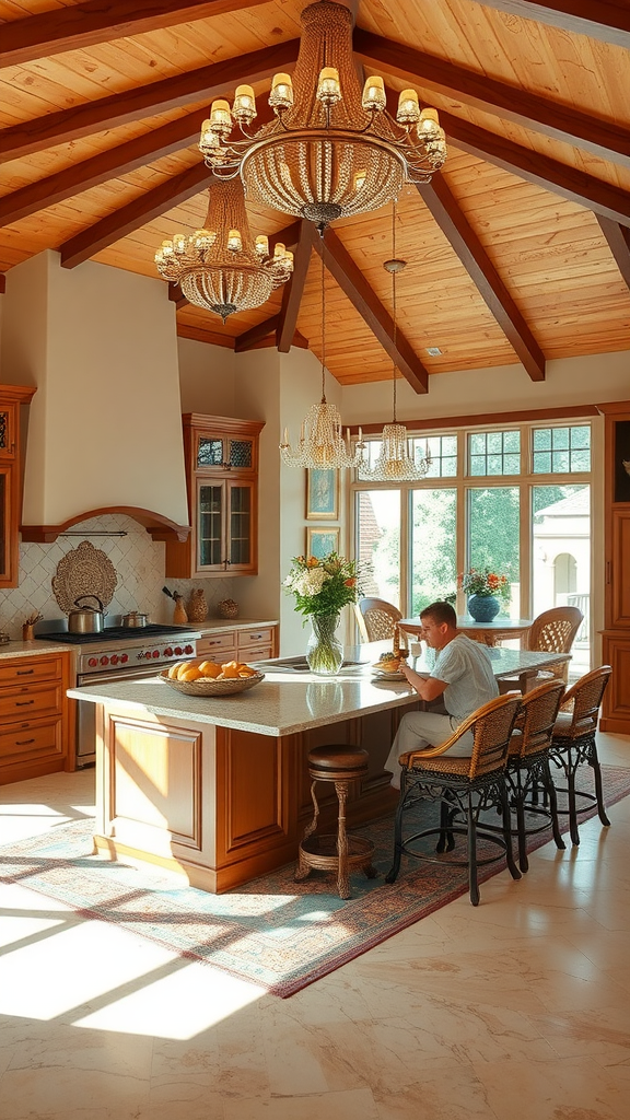 A bright kitchen with an island, wooden cabinets, and a person enjoying a meal at the counter.