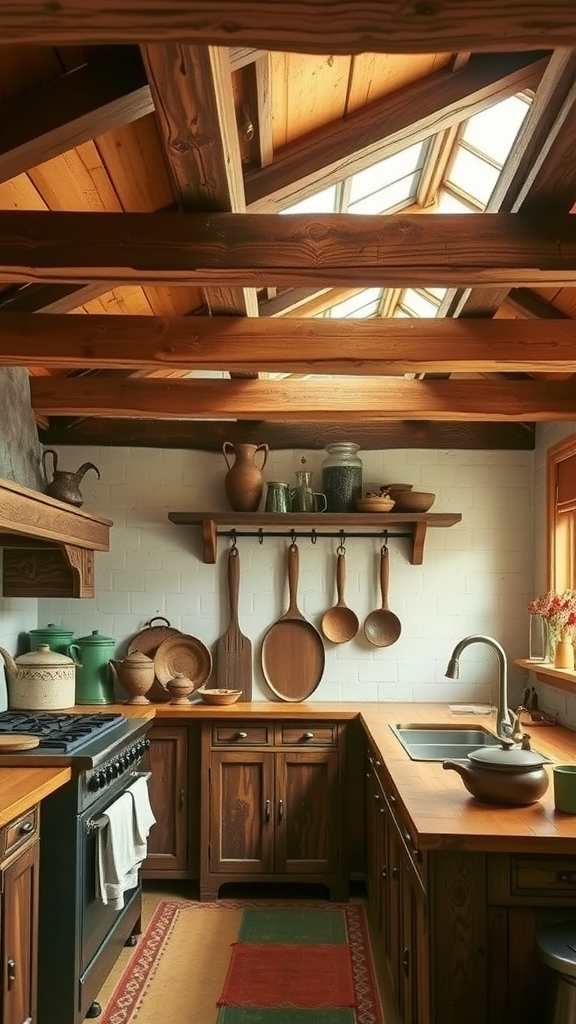 A cozy rustic kitchen with wooden cabinetry and beams, featuring modern glass cabinets.