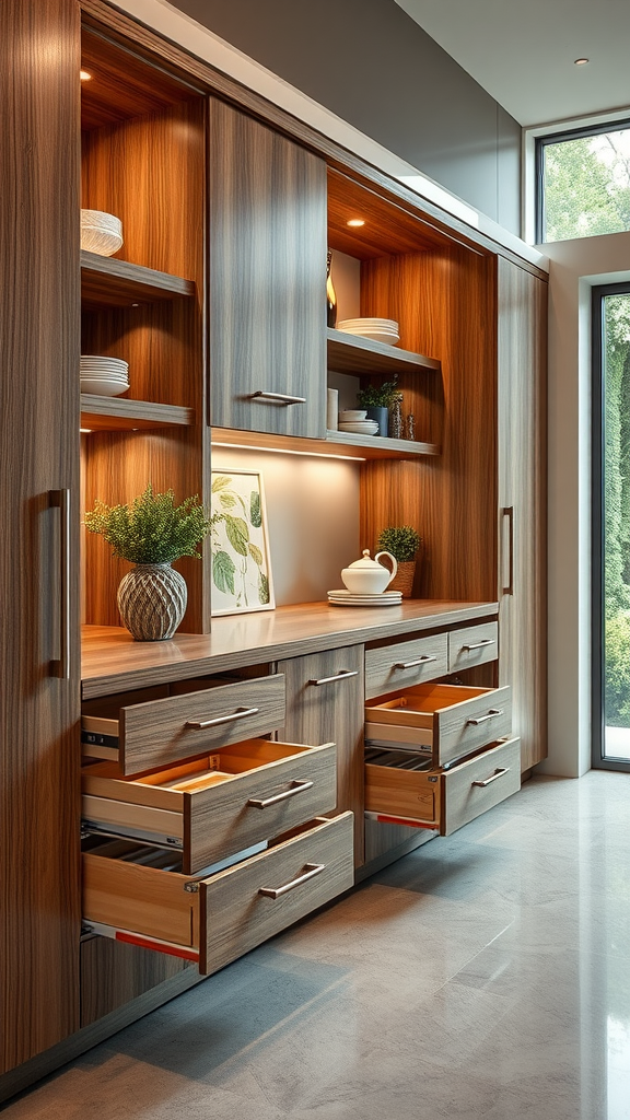 Modern kitchen storage with glass cabinets and open shelving