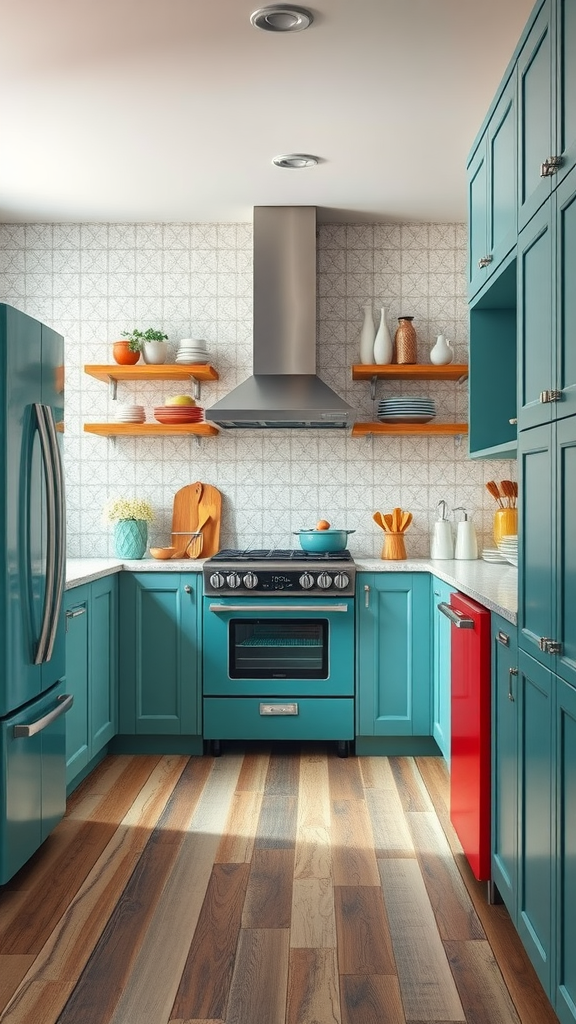 A stylish kitchen with blue cabinets, a red fridge, and a modern stove.