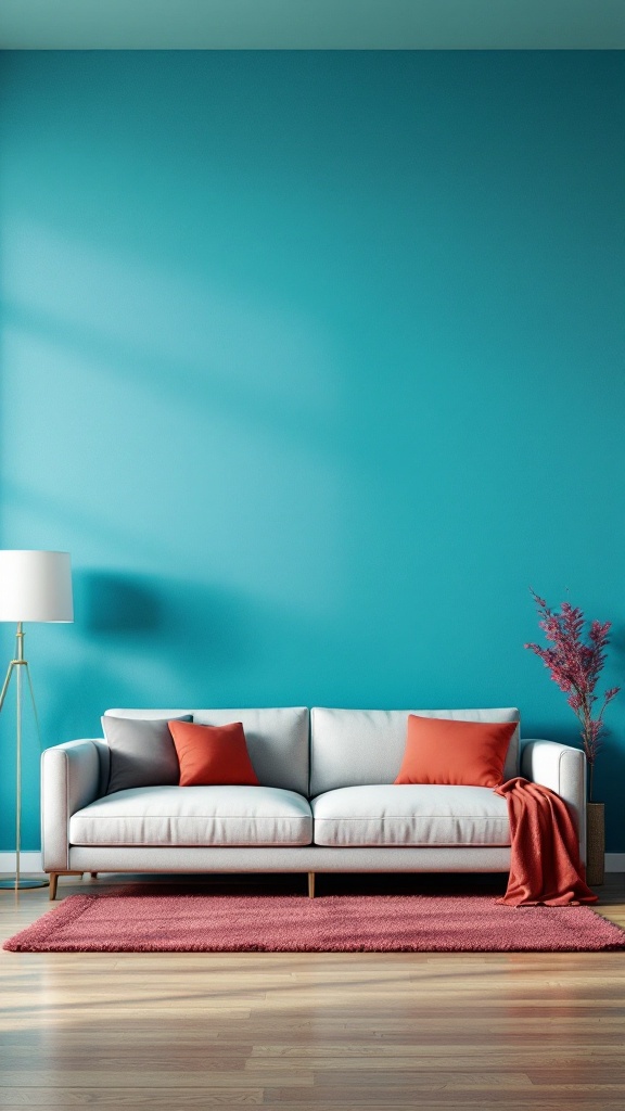 A bright teal accent wall behind a modern sofa with orange cushions and a cozy rug.