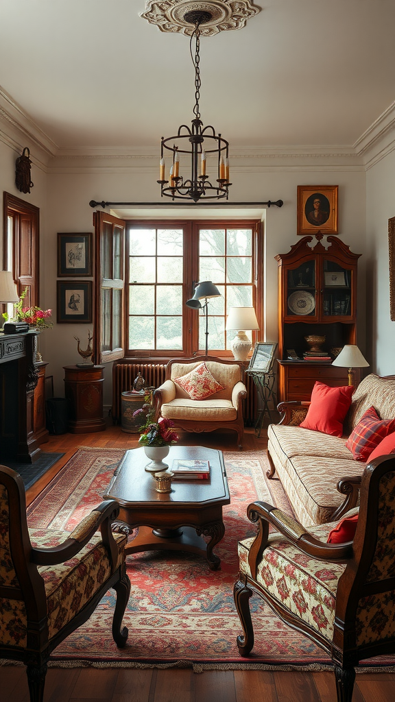 A cozy and beautifully decorated antique living room with vintage furniture.