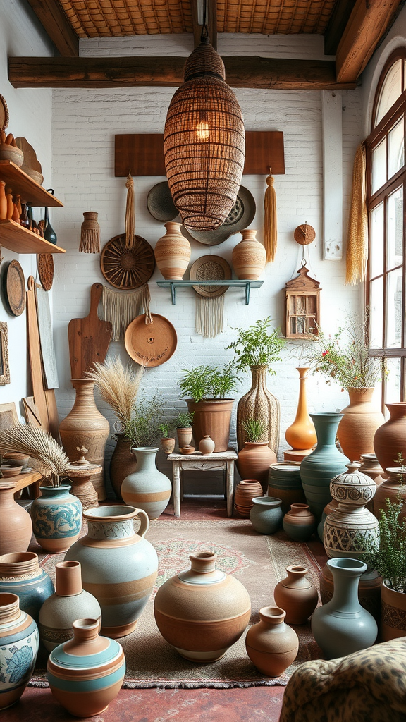 A cozy living room filled with various artisan pottery and decor elements.