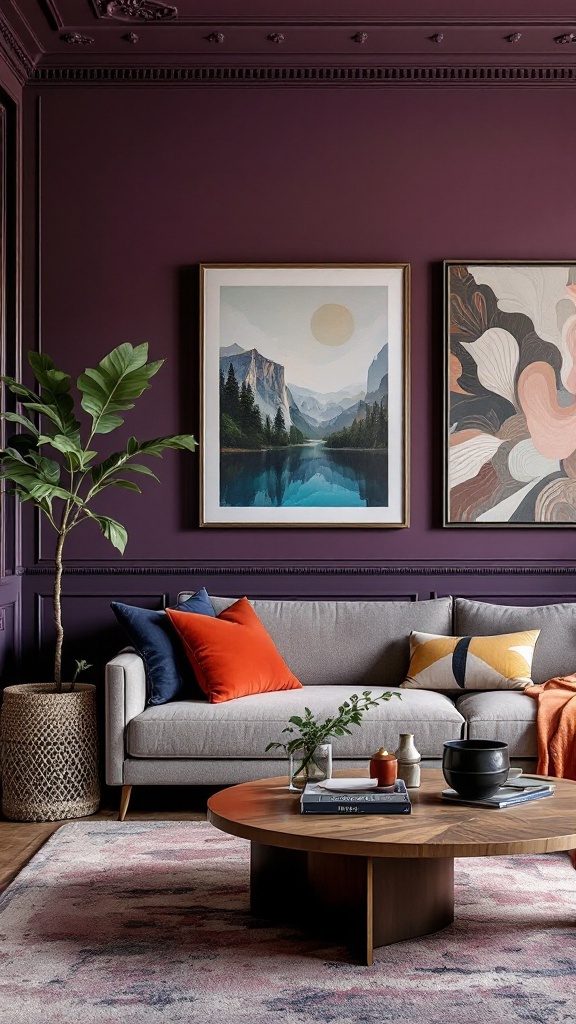 A cozy living room featuring a bold dark accent wall, a gray sofa with colorful pillows, and artistic wall decor.