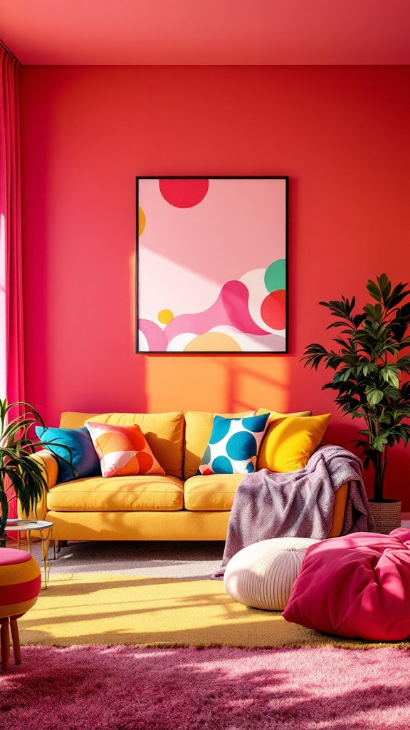 A colorful living room featuring a bright pink wall, yellow couch, and various colorful decor items.