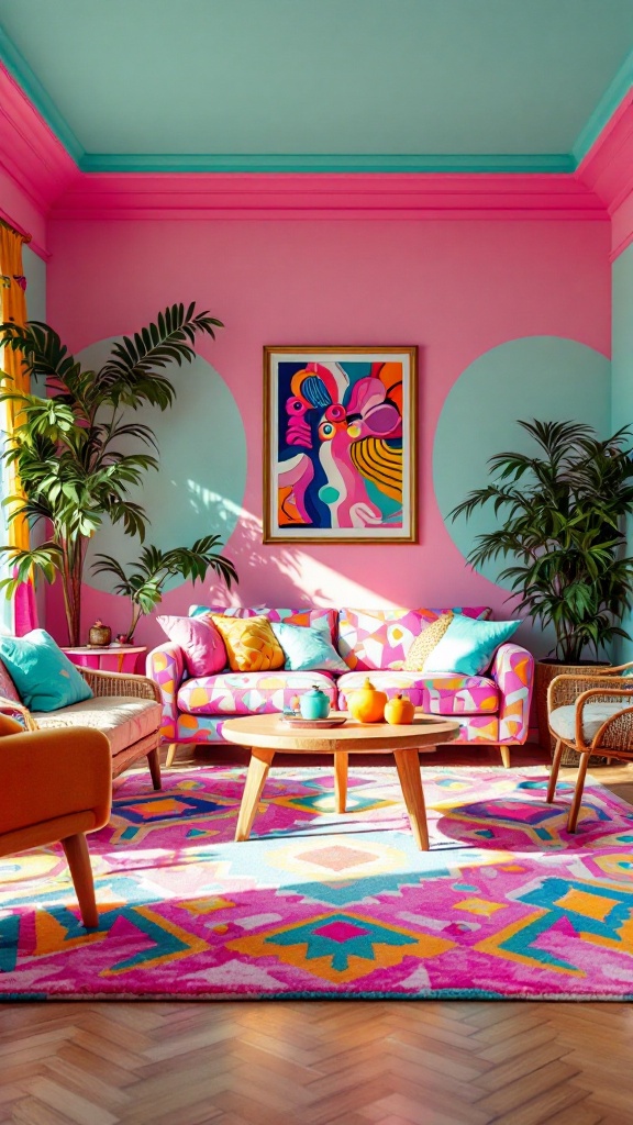 A vibrant 80s living room featuring bold colors and unique patterns