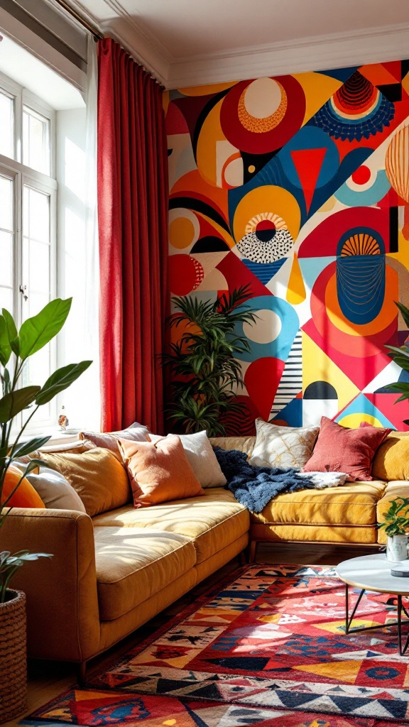 A cozy living room with bold geometric patterns on the wall, featuring a yellow sofa and colorful decor.