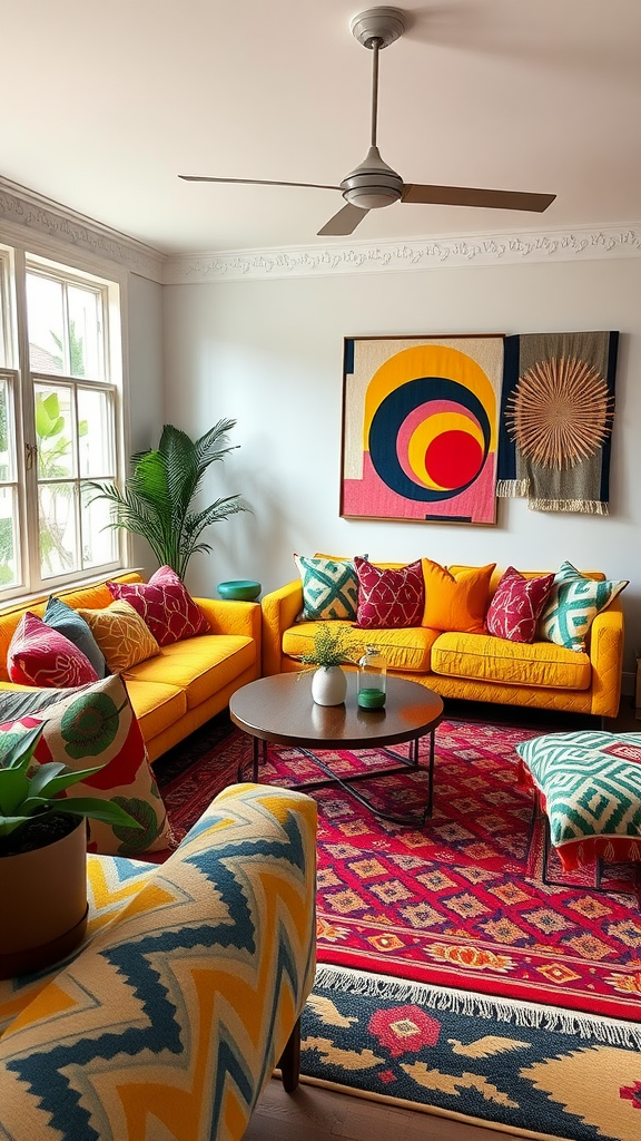 A bright and vibrant living room featuring bold geometric patterns on cushions and rugs, with yellow sofas and colorful decor.