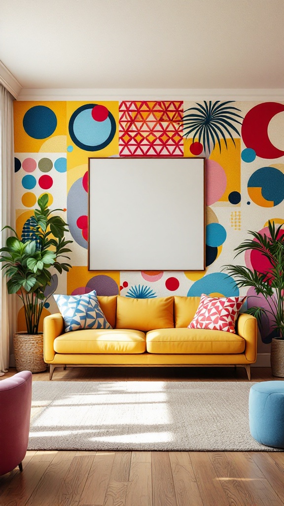 Living room with bold geometric patterns on the wall, yellow sofa, and colorful decor