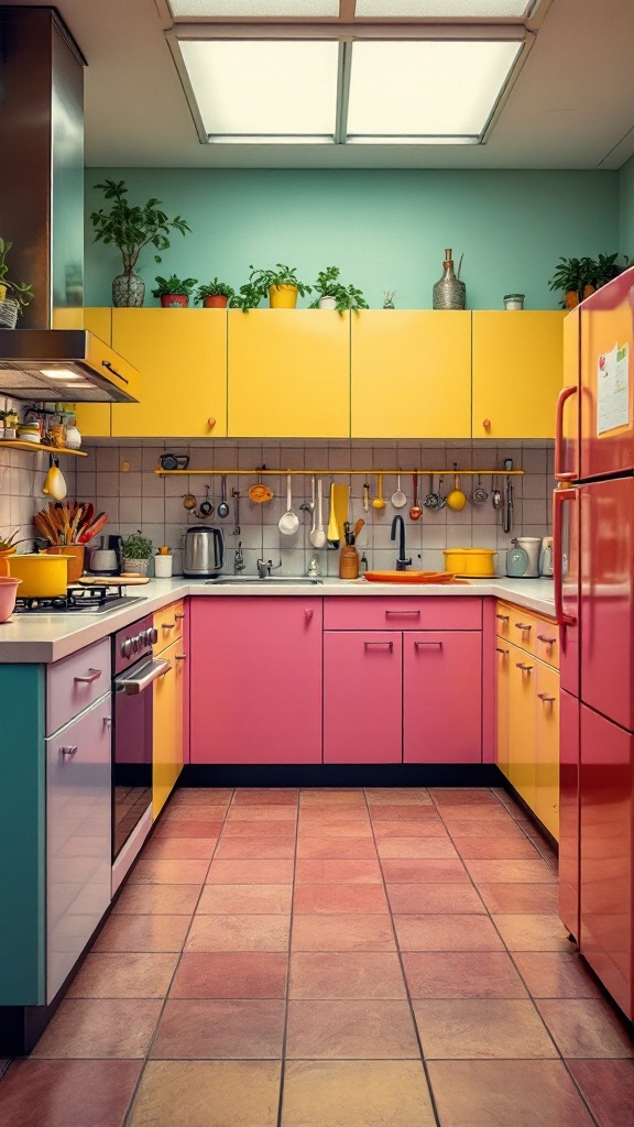 A colorful kitchen featuring bright pink and yellow cabinets and appliances, showcasing 80s retro style.