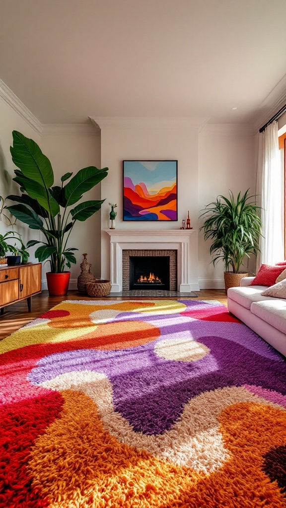 A colorful shag carpet in a modern living room setting, featuring bold patterns and a cozy atmosphere.