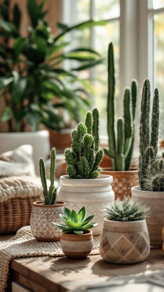 A collection of cacti and succulents in stylish pots on a table