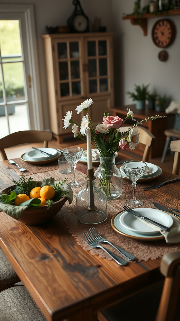 A beautifully arranged farmhouse dining table with flowers, fruits, and elegant tableware.