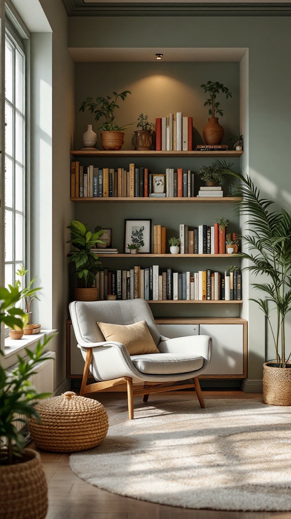 A cozy reading nook featuring a comfortable chair, bookshelves filled with books, and potted plants.