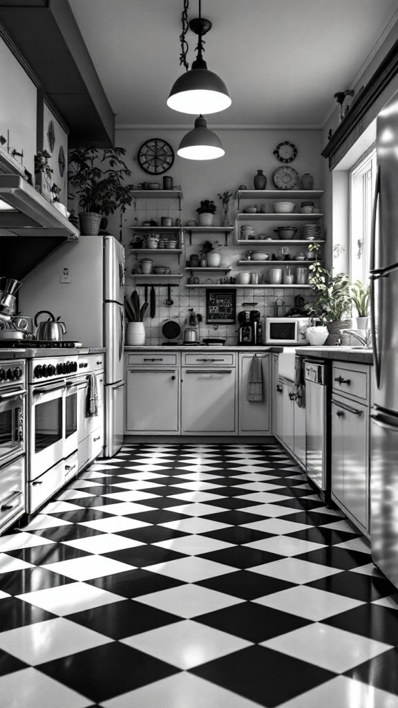 A stylish kitchen featuring black and white checkerboard flooring and modern appliances.