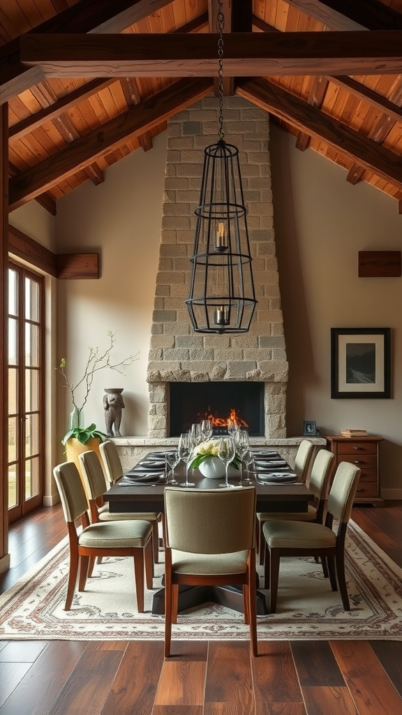 Cozy dining room with wooden beams, stone fireplace, and rustic decor