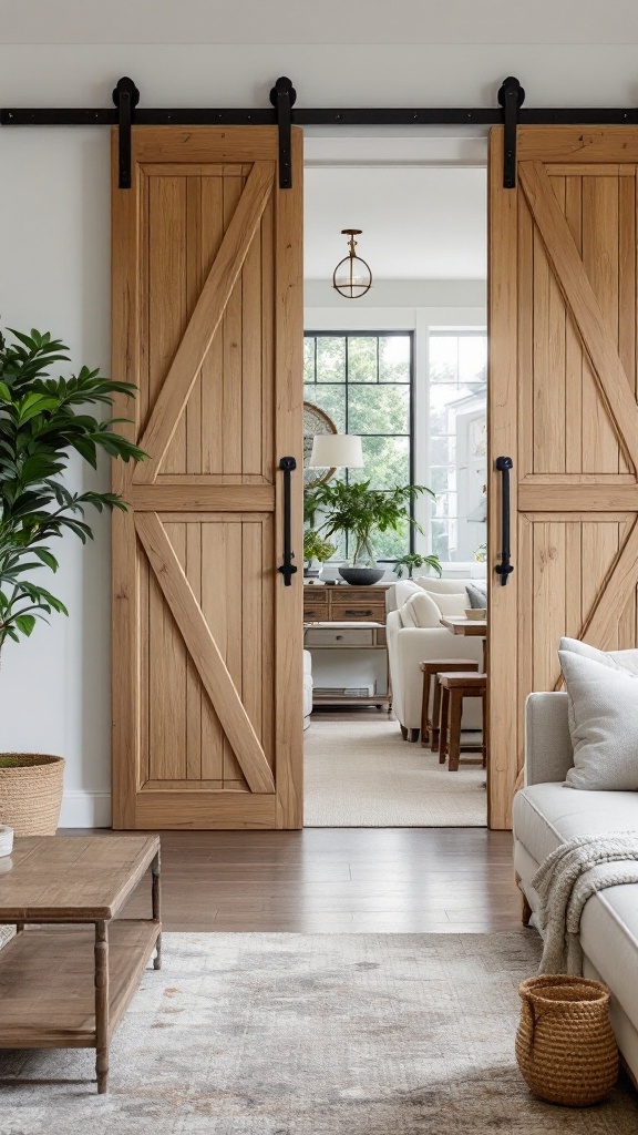 A modern rustic living room featuring classic barn doors.