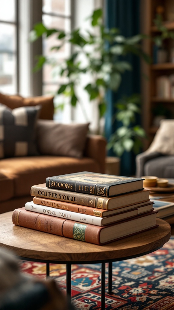 A cozy 80s living room with a wooden coffee table stacked with vintage books.