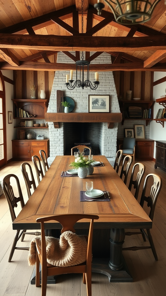 A rustic farmhouse dining room featuring a large wooden table, a cozy fireplace, and warm wooden beams.