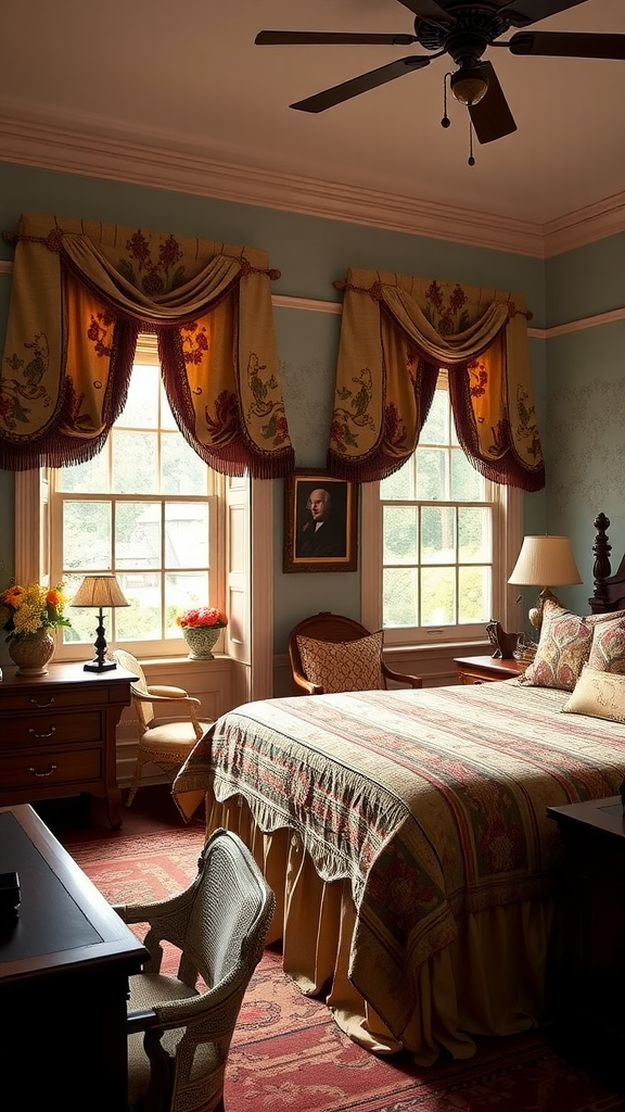 A cozy bedroom featuring classic window treatments, a beautifully made bed, and traditional decor.