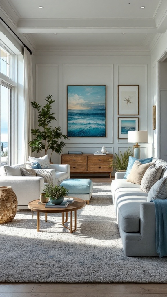 A bright living room featuring coastal decor with light colors, a cozy couch, and ocean-themed artwork.