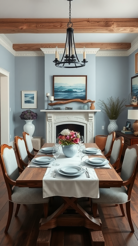 A rustic dining room with a large wooden table, elegant chairs, and coastal-themed decor, featuring a fireplace and soft blue walls.