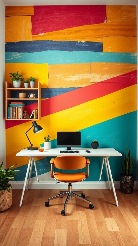 A vibrant home office setup with a colorful accent wall, featuring a desk, chair, and plants.