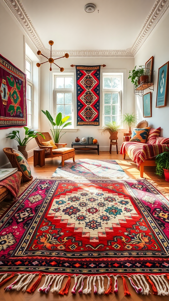 A vibrant Bohemian living room with colorful rugs and textiles, showcasing a cozy atmosphere.