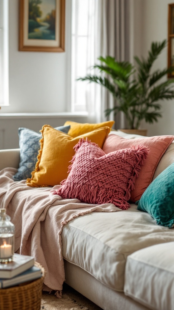 A cozy sectional sofa adorned with colorful throw pillows and a soft blanket.