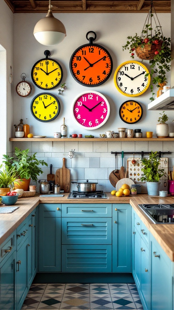 A modern kitchen featuring various colorful wall clocks on a white wall.