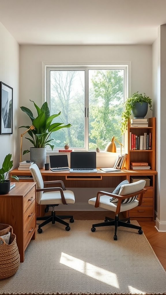 A cozy home office setup with a wooden desk, two chairs, plants, and natural light.