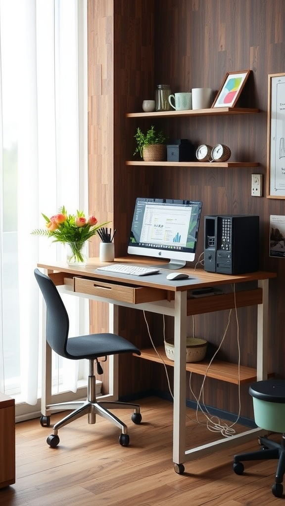 A small and tidy home office setup with a desk, computer, and decorative elements.