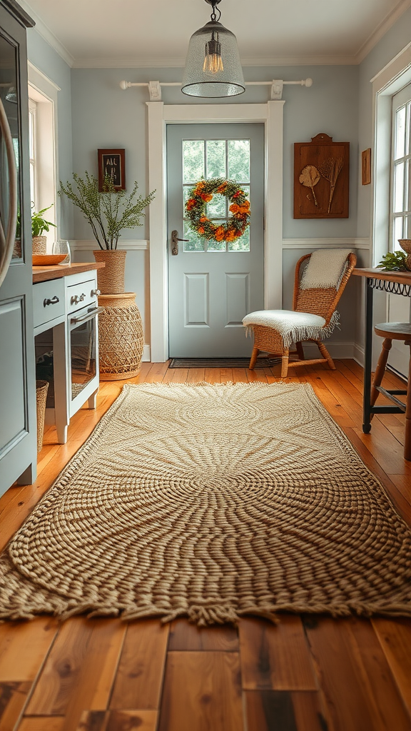 A cozy rustic farmhouse-style room featuring a braided rug on wooden floors.