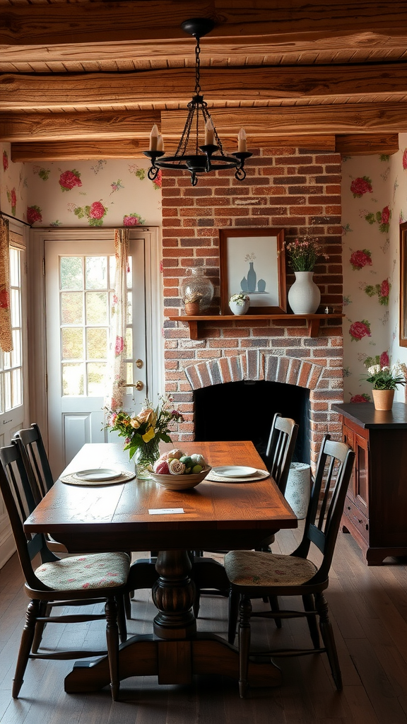 Cozy rustic dining room with a wooden table, brick fireplace, and floral wallpaper.