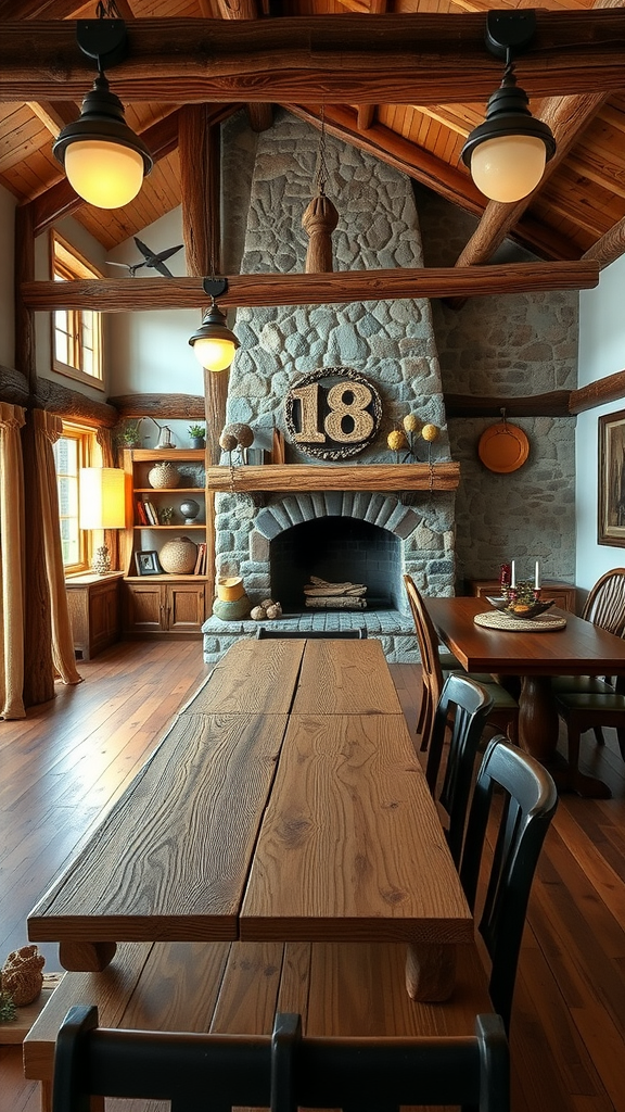 Cozy cabin dining room with a large wooden table, stone fireplace, and rustic decor.