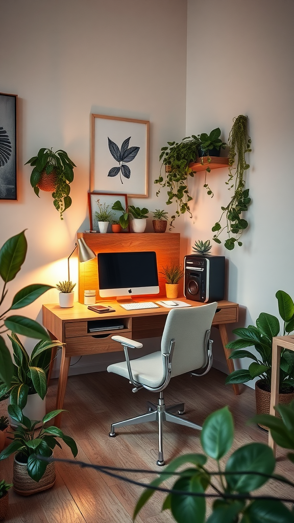 Cozy corner desk setup with plants, a computer, and a comfortable chair