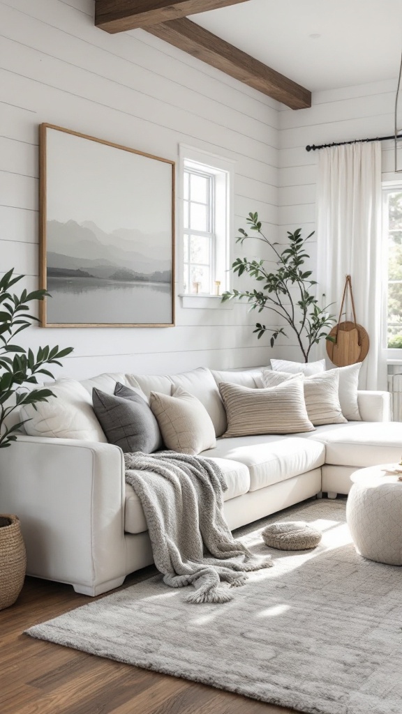 Cozy rustic farmhouse living room with white couch, pillows, and plants