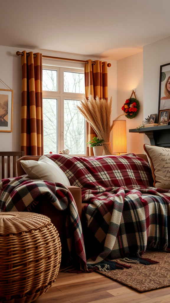 A cozy living room featuring a plaid blanket, warm curtains, and rustic decor