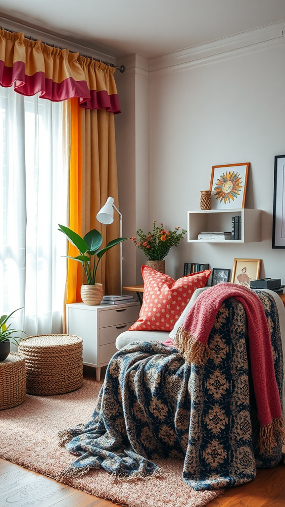 A cozy small home office with colorful textiles including a patterned blanket, bright cushions, and vibrant curtains.