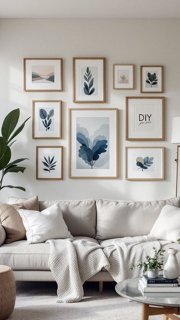 A cozy living room with a gallery wall of framed botanical art and a comfortable sofa.