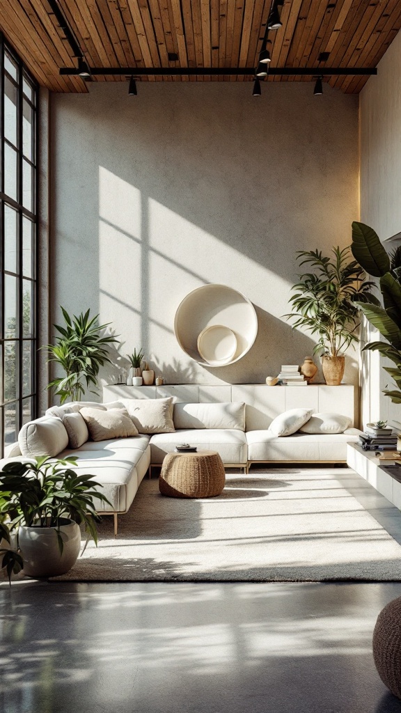 A bright and airy living room with a modular couch, plants, and wooden accents.