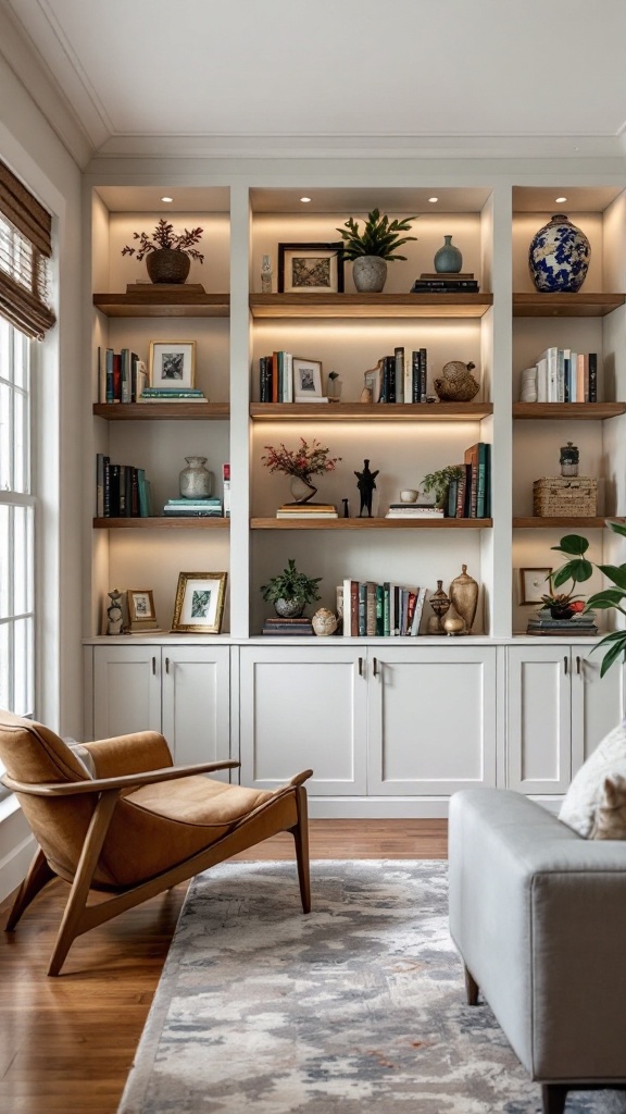 A cozy living room with built-in shelves filled with books and decor, featuring an armchair and a soft rug.